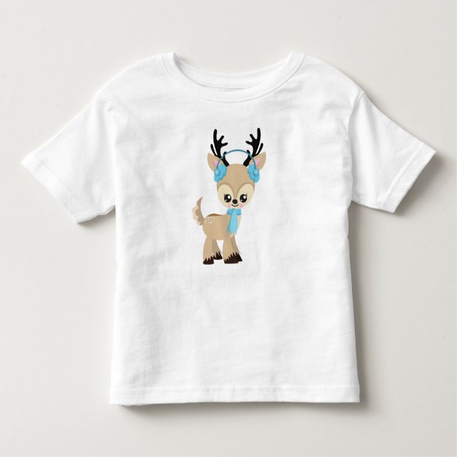 Cute Reindeer, Little Reindeer, Blue Scarf Toddler T-Shirt (Front)