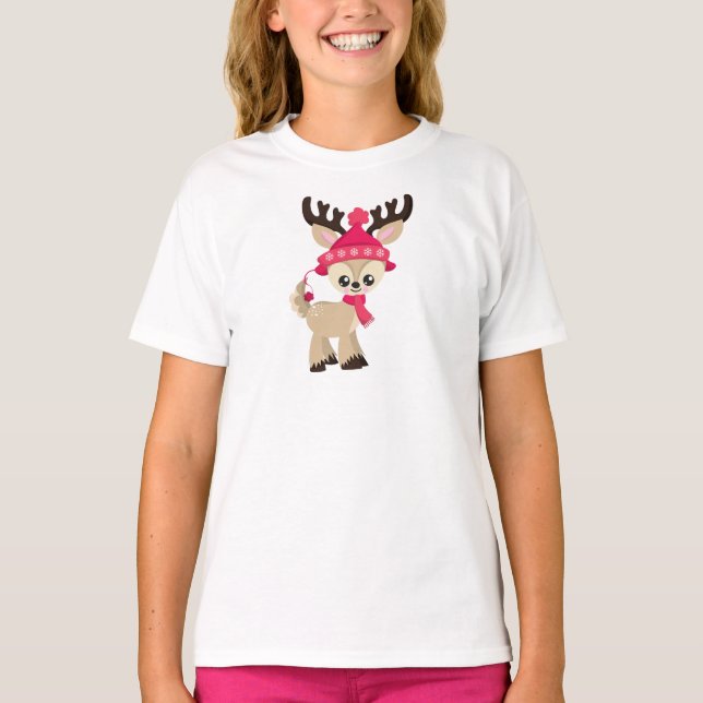 Cute Reindeer, Little Reindeer, Red Hat, Scarf T-Shirt (Front)