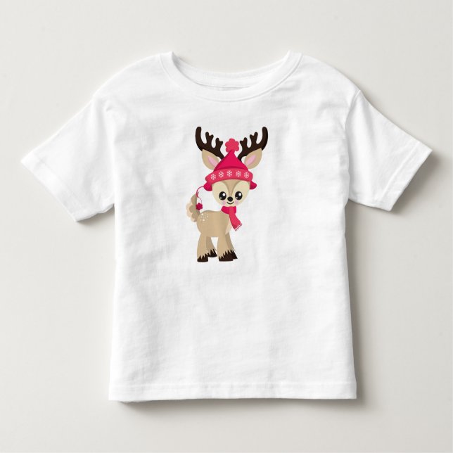 Cute Reindeer, Little Reindeer, Red Hat, Scarf Toddler T-Shirt (Front)
