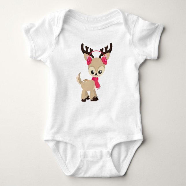 Cute Reindeer, Little Reindeer, Red Scarf Baby Bodysuit (Front)
