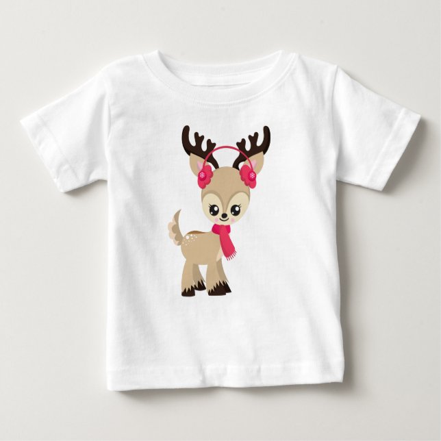 Cute Reindeer, Little Reindeer, Red Scarf Baby T-Shirt (Front)
