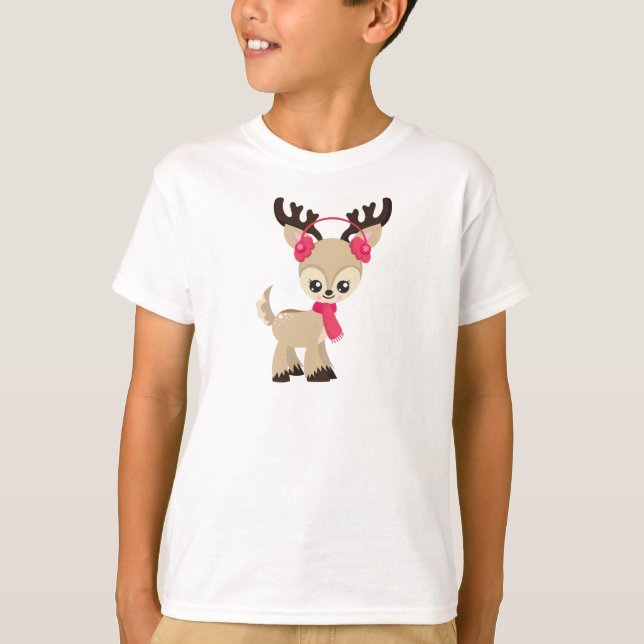 Cute Reindeer, Little Reindeer, Red Scarf T-Shirt (Front)