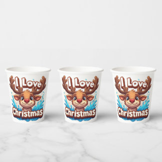 Cute Reindeer Mascot With 'I Love Christmas' Text Paper Cups