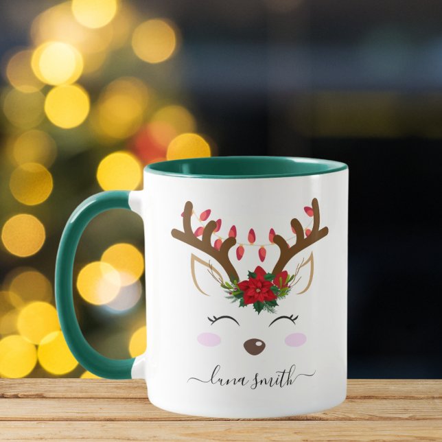 Cute Reindeer Merry Christmas Gift Green Coffee Mug (Creator Uploaded)