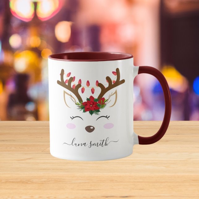Cute Reindeer Merry Christmas Gift Maroon Coffee Mug (Creator Uploaded)