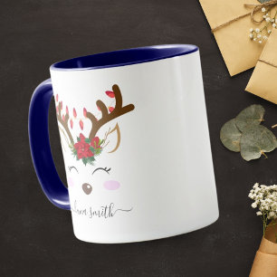 Cute Reindeer Merry Christmas Gift Navy Biue Mug