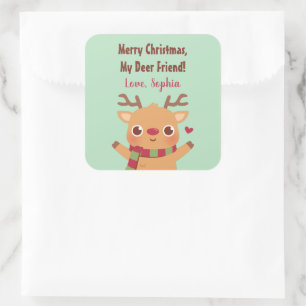 Cute Reindeer, Merry Christmas My Deer Friend Pun Square Sticker