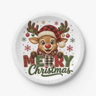 Cute Reindeer Merry Christmas Paper Plate