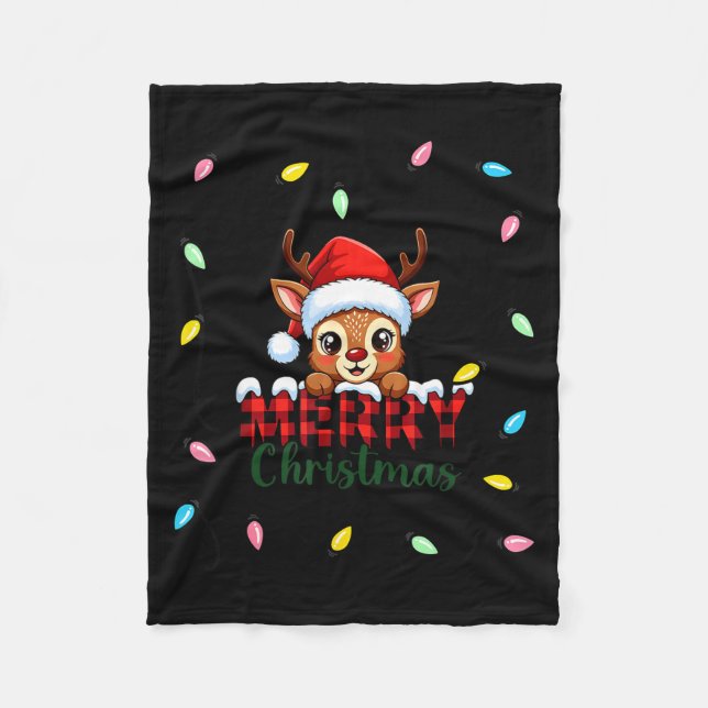 Cute Reindeer Merry Christmas Shirt –plaid Holiday Fleece Blanket (Front)