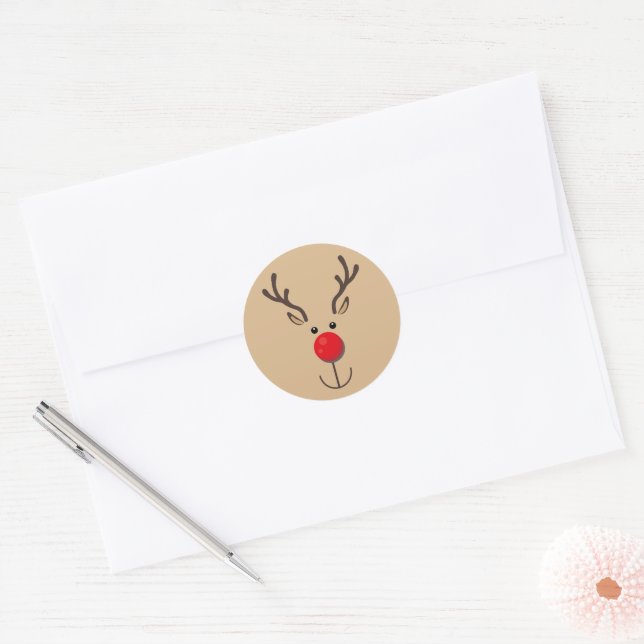 Cute Reindeer Minimalist Face Brown Classic Round Sticker (Envelope)