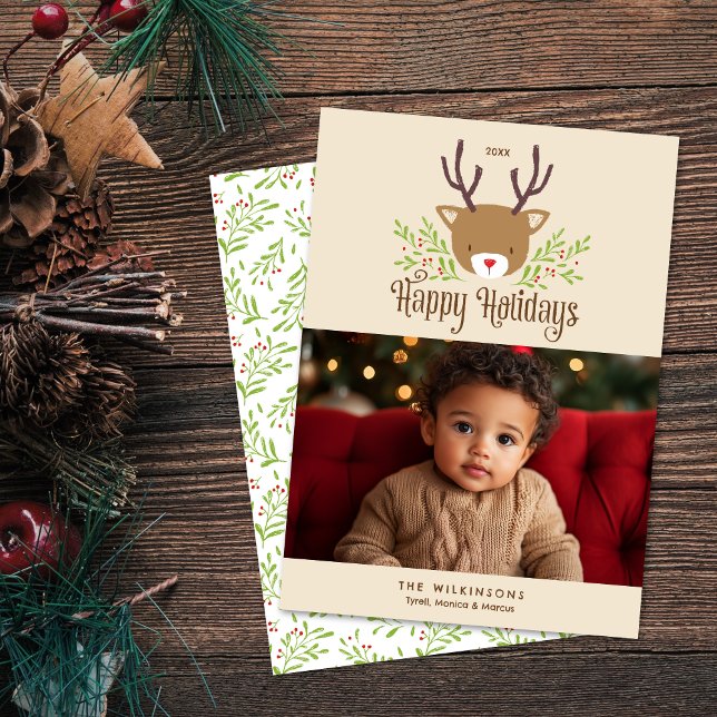Cute Reindeer Neutral Happy Holidays Photo Card (Shown on a 5" x 7" card)