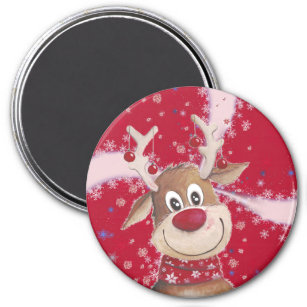 Cute Reindeer on Festive Red & White Background  Magnet