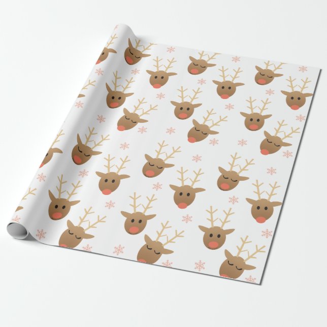 Cute Reindeer Pattern Snowflakes Orange Brown Wrapping Paper (Unrolled)