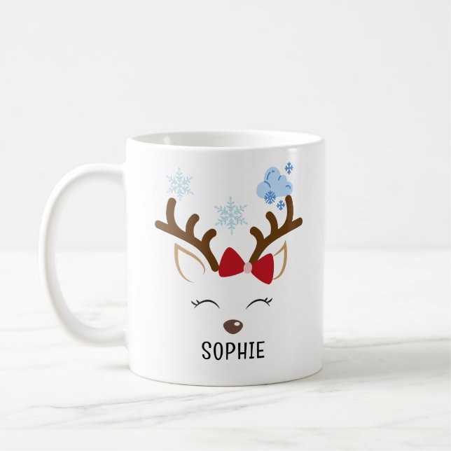 Cute Reindeer Personalised Name Christmas Coffee Mug (Left)