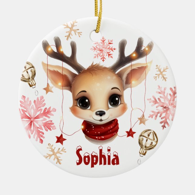 Cute Reindeer Personalised Tree Ornament (Front)