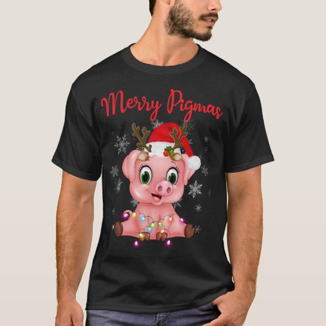Cute Reindeer Pig In Santa's Hat Merry Pigmas Chri T-Shirt (Front)