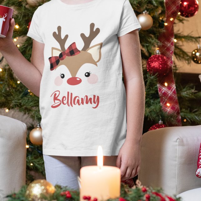 Cute Reindeer Plaid Bow Name In Red Christmas T-Shirt (Creator Uploaded)