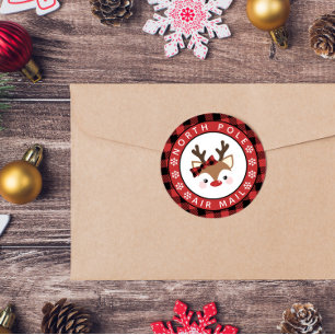 Cute Reindeer Plaid Bow North Pole Air Mail Classic Round Sticker