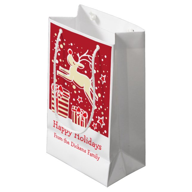 Cute reindeer prancing over christmas gifts bag (Front Angled)