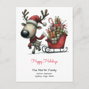 Cute Reindeer Pulling a Sleigh Happy Holidays Postcard