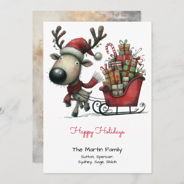 Cute Reindeer Pulling a Sleigh of Gifts Happy  Holiday Card (Front/Back)