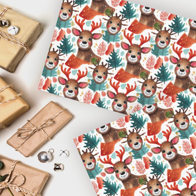 Cute Reindeer Red And Green Christmas Watercolor Tissue Paper (Creator Uploaded)