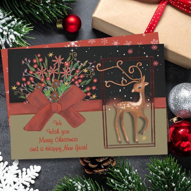 Cute Reindeer Red Bow Black & Gold Holiday Card (Cute Reindeer Red Bow Black & Gold Holiday Card)