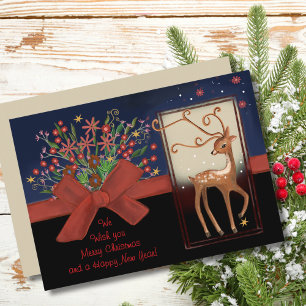 Cute Reindeer Red Bow Blue& Black Holiday Card