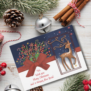 Cute Reindeer Red Bow Blue& White Holiday Card