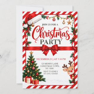 Cute Reindeer Red Bow Christmas Party Invitation