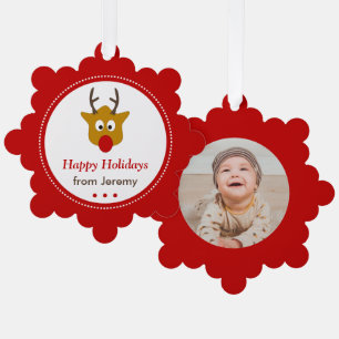 Cute Reindeer Red Christmas Holidays Photo Tree Decoration Card