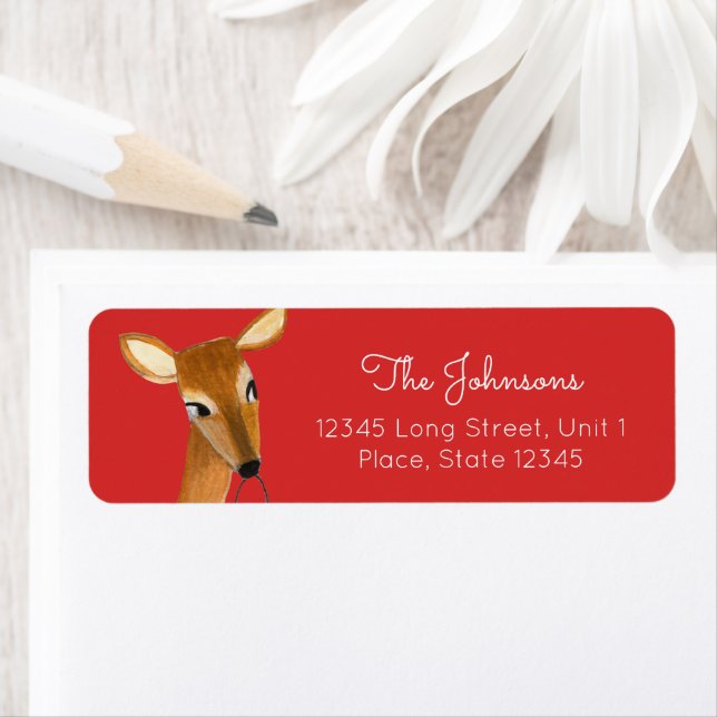 Cute Reindeer Red Holiday Christmas Return Address Label (Insitu)