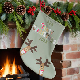 Cute Reindeer Sage Green First Christmas Stocking