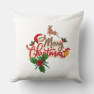 Cute Reindeer & Santa Hat Merry Christmas Cushion