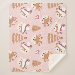 Cute Reindeer Santa Hat pattern Sherpa Blanket