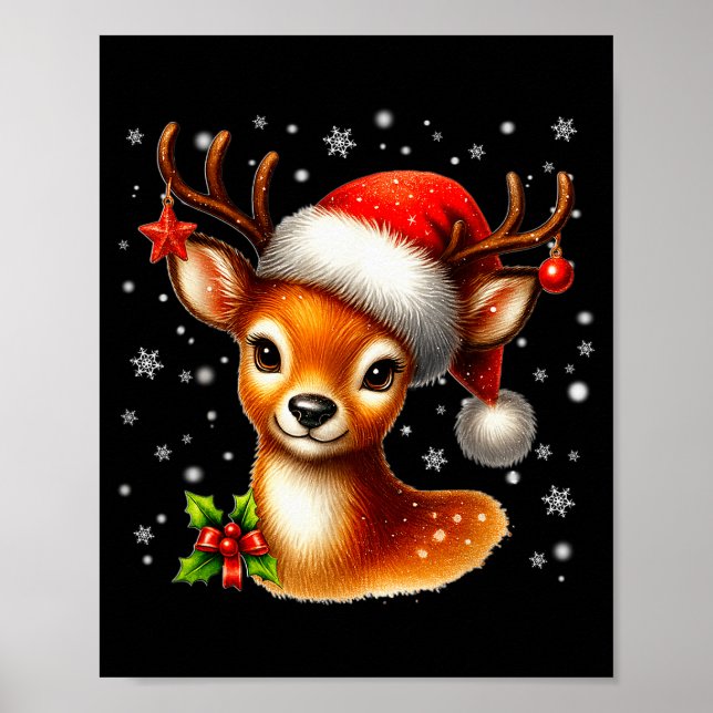 Cute Reindeer Santa Hat Rednose Christmas Xmas Wom Poster (Front)
