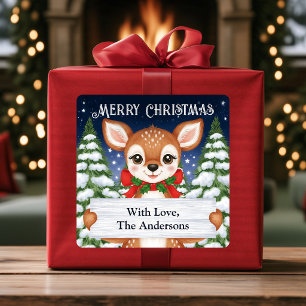 Cute Reindeer Snow Merry Christmas Custom Gift Square Sticker