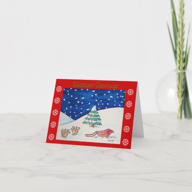 Cute reindeer snow scene with sleigh and tree holiday card (Front)