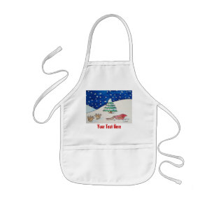 Cute reindeer snow scene with sleigh and tree kids apron
