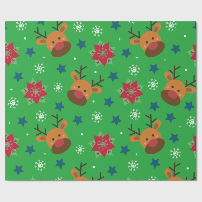 Cute Reindeer & Snowflake Christmas Wrapping Paper (Flat)