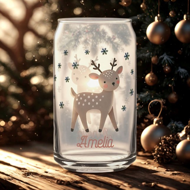 Cute Reindeer Snowflakes Drawing Name Christmas Can Glass (Creator Uploaded)