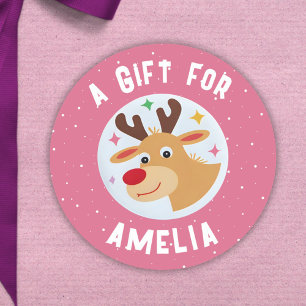Cute Reindeer Snowflakes Kid`s Name Christmas  Classic Round Sticker