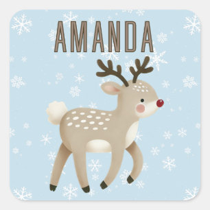 Cute Reindeer Snowflakes Kids Name Christmas Square Sticker