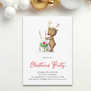 Cute Reindeer Snowman Holiday Christmas Party Invitation
