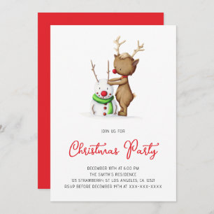Cute Reindeer Snowman Holiday Christmas Party Invitation