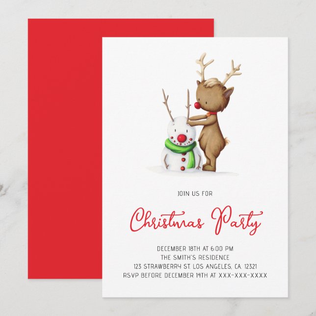 Cute Reindeer Snowman Holiday Christmas Party Invitation (Front/Back)