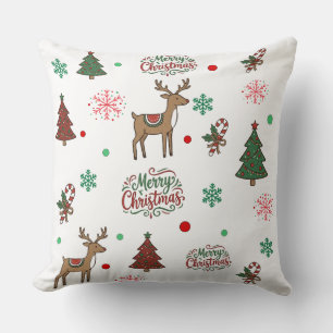 Cute Reindeer & Tree Merry Christmas Pattern Throw Cushion