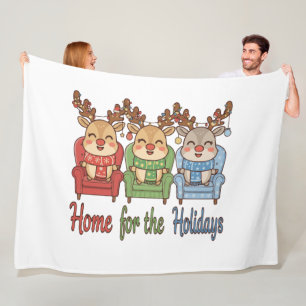 Cute Reindeer Trio "Home for the Holidays" Cosy Fleece Blanket
