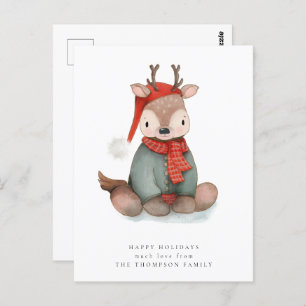 Cute Reindeer Watercolor Holiday Postcard