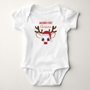 Cute Reindeer With Name First Christmas Baby Bodysuit